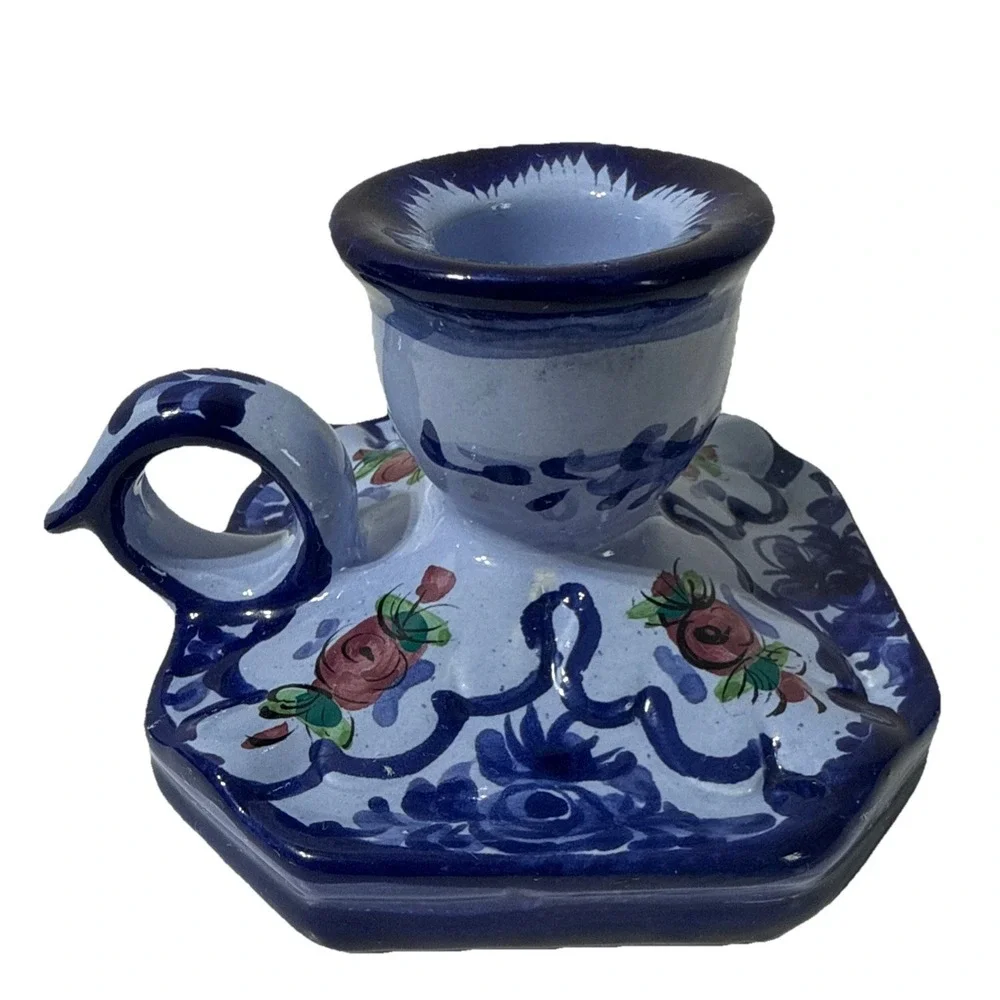 Vintage Portugal Hand Painted Ceramic Single Candle Holder Signed Handpainted